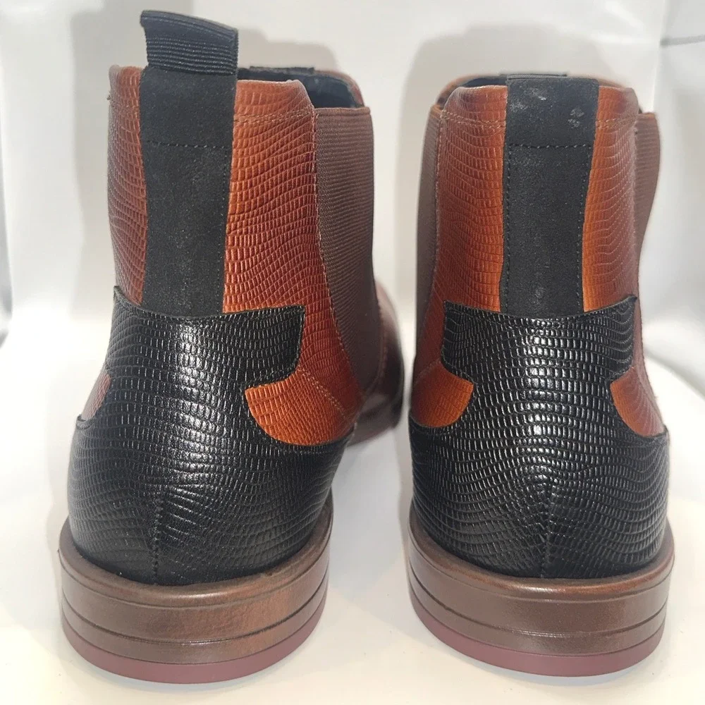 Stacy Adams‎ NEW Mens Brown Black Leather Lizard Print Chelsea Dress Boots 11.5M